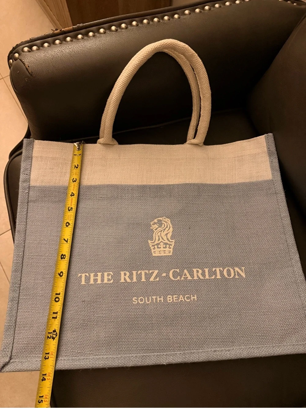 South Beach Ritz Carlton Linen Tote Bag in Lt Blue and Cream with front pocket